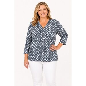 Talbots 1X Navy White Scallop Print Cardigan 3/4 Sleeve Button Front Lightweight
